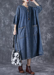 Modern Blue Oversized Pockets Chinese Button Denim Dresses Summer