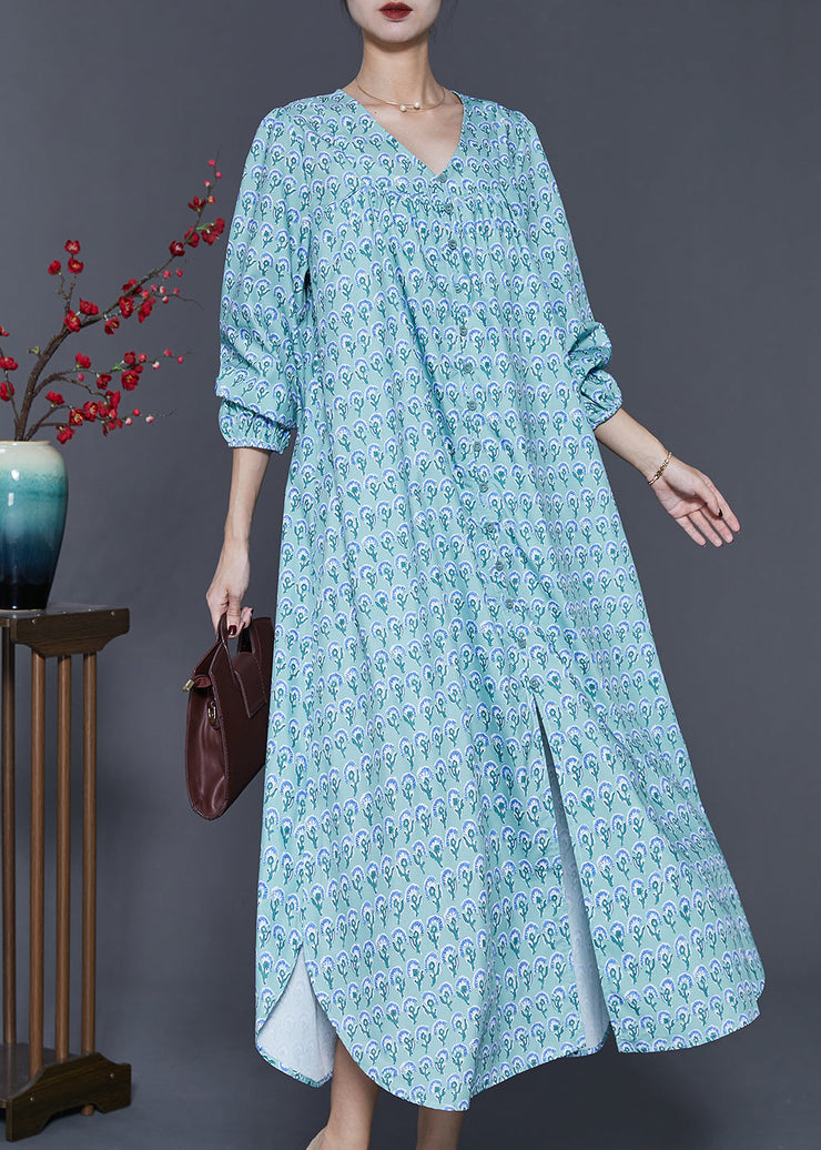 Modern Blue Oversized Print Side Open Cotton Ankle Dress Spring