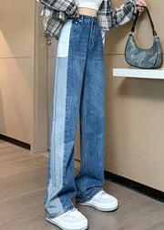 Modern Blue Patchwork High Waist Button Denim Straight Pants