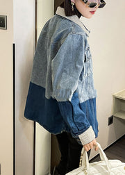 Modern Blue Peter Pan Collar Button Patchwork Denim Coats Long Sleeve