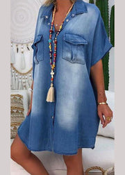 Modern Blue Peter Pan Collar Patchwork Denim Shirts Dress Summer