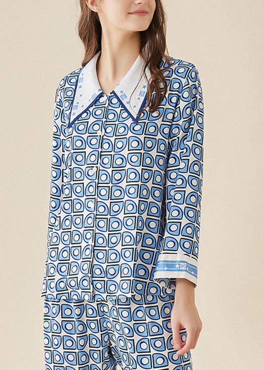 Modern Blue Peter Pan Collar Print Button Ice Silk Pajamas Two Pieces Set Long Sleeve