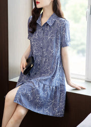 Modern Blue Peter Pan Collar Print Patchwork Chiffon Shirts Mid Dress Summer