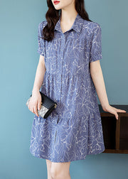 Modern Blue Peter Pan Collar Print Patchwork Chiffon Shirts Mid Dress Summer