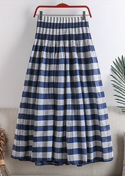 Modern Blue Plaid Wrinkled Elastic Waist Chiffon Skirts Fall