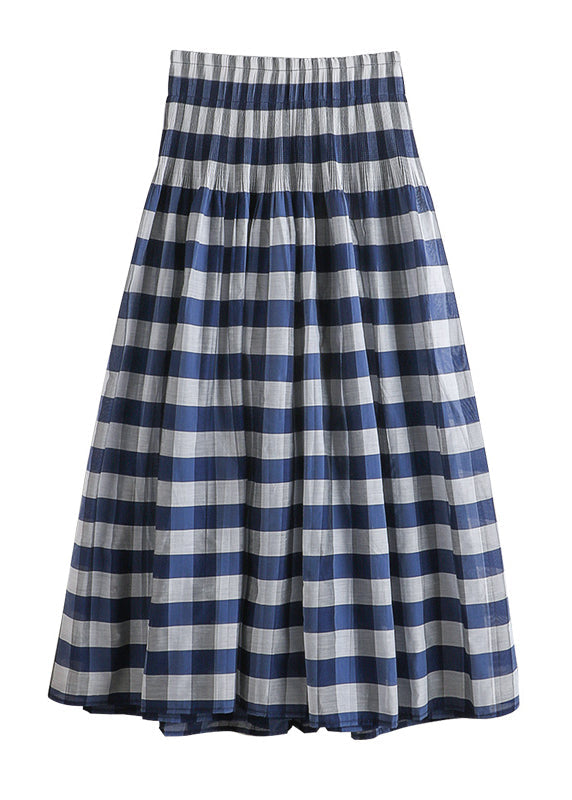 Modern Blue Plaid Wrinkled Elastic Waist Chiffon Skirts Fall