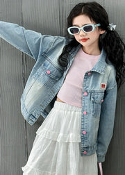 Modern Blue Pockets Button Bow Girls Denim Coat Fall