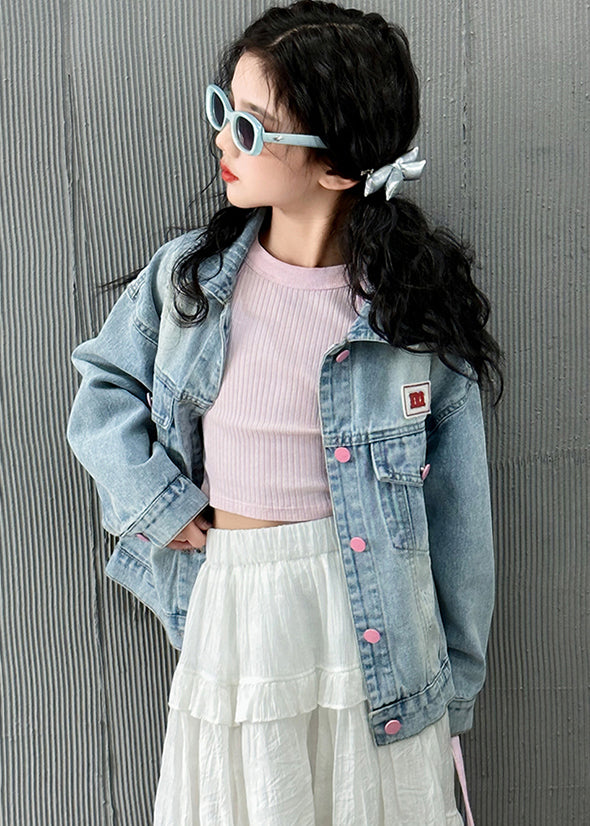 Modern Blue Pockets Button Bow Girls Denim Coat Fall