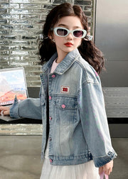 Modern Blue Pockets Button Bow Girls Denim Coat Fall