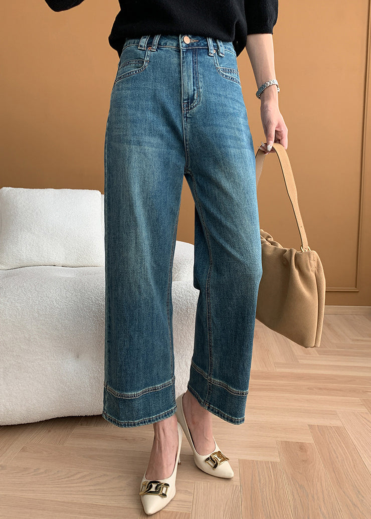 Modern Blue Pockets High Waist Denim Crop Pants Fall