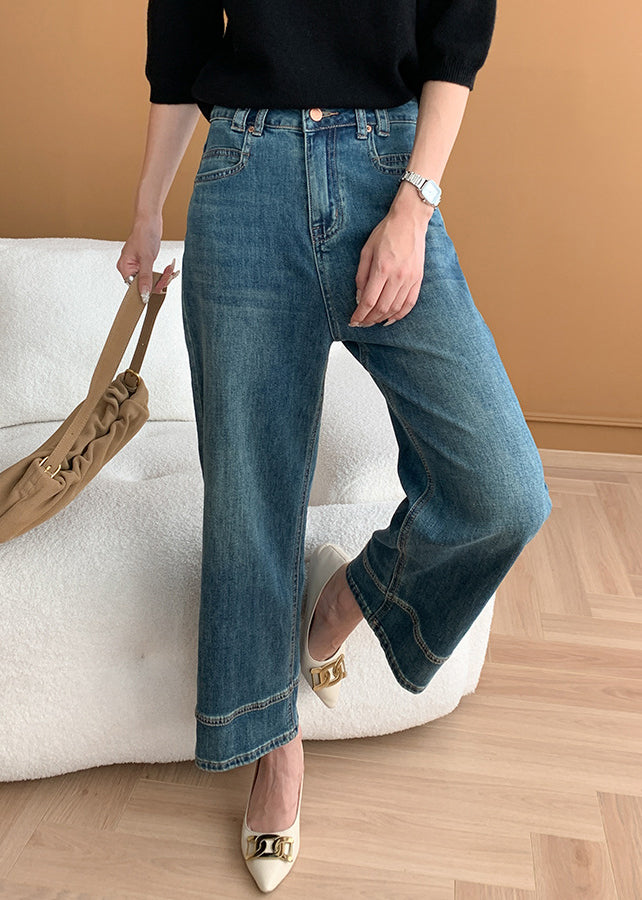 Modern Blue Pockets High Waist Denim Crop Pants Fall