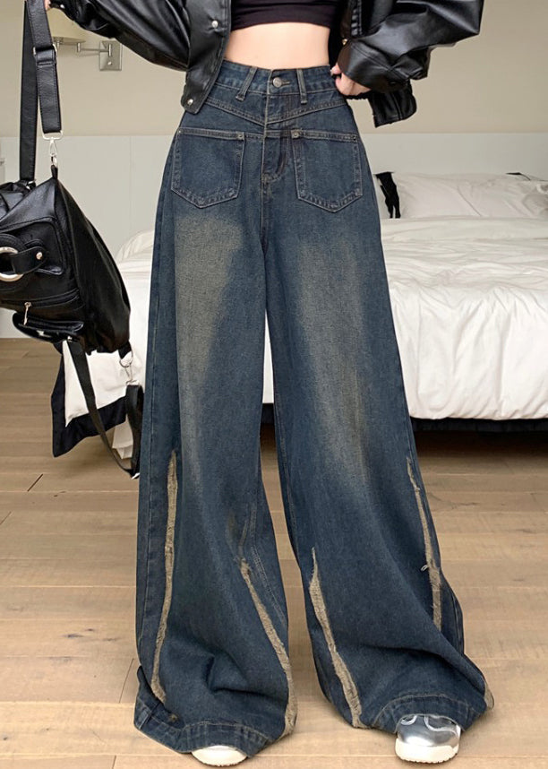 Modern Blue Pockets High Waist Denim Wide Leg Pants Fall