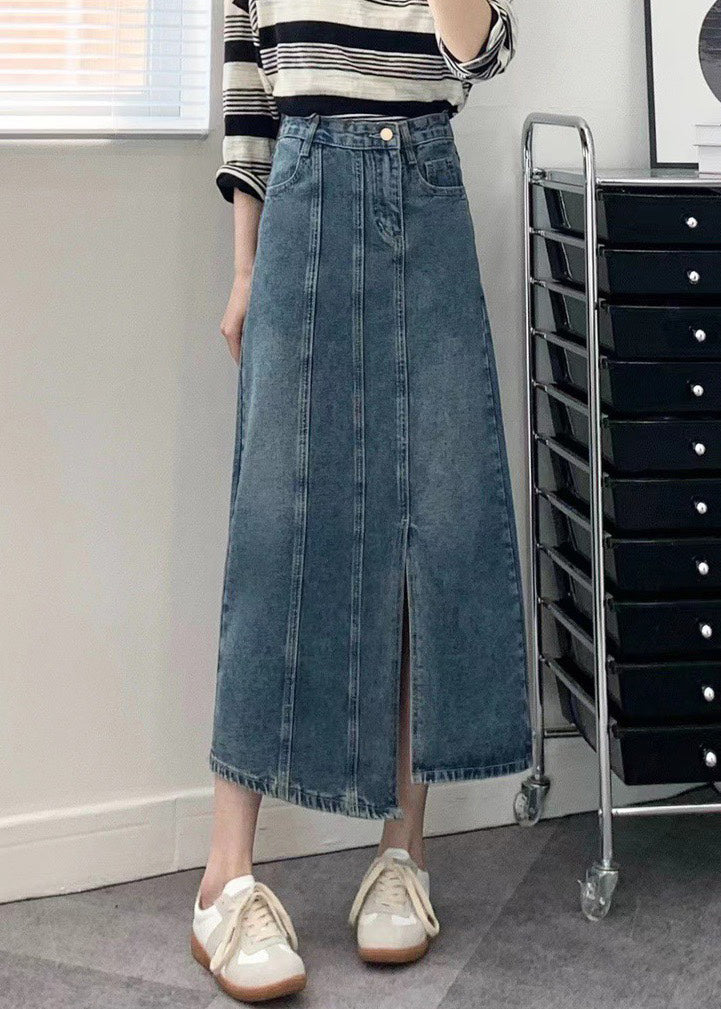 Modern Blue Pockets Side Open Patchwork Denim Skirts Fall