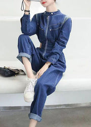 Modern Blue Pockets Zip Up Patchwork Denim Jumpsuit Fall