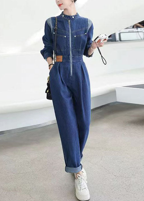 Modern Blue Pockets Zip Up Patchwork Denim Jumpsuit Fall