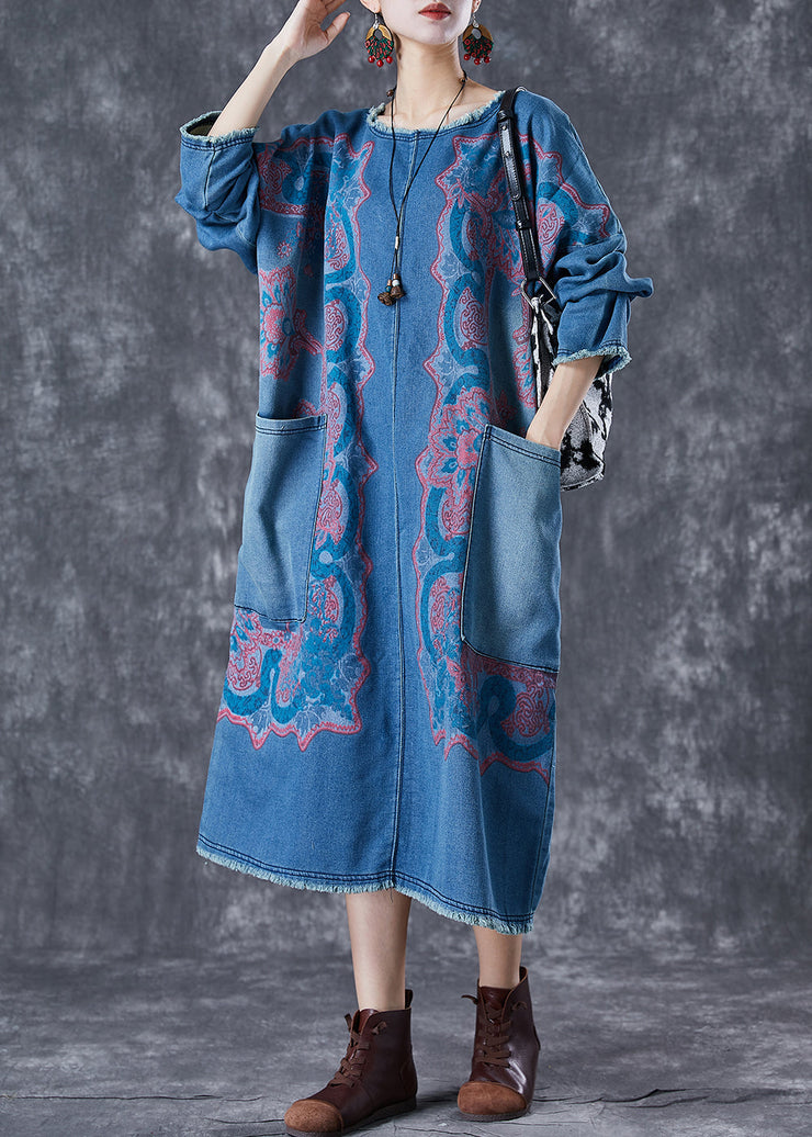 Modern Blue Print Patchwork Pockets Denim Maxi Dresses Fall