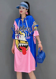 Modern Blue Red Hooded Drawstring Zippered Print Robe Dresses Short Sleeve