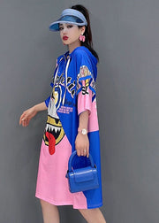 Modern Blue Red Hooded Drawstring Zippered Print Robe Dresses Short Sleeve