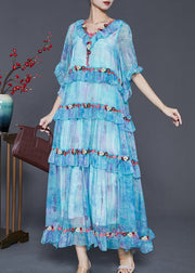 Modern Blue Ruffled Floral Chiffon Robe Dresses Spring