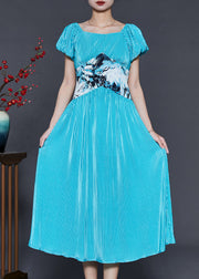 Modern Blue Silm Fit Patchwork Silk Dress Puff Sleeve