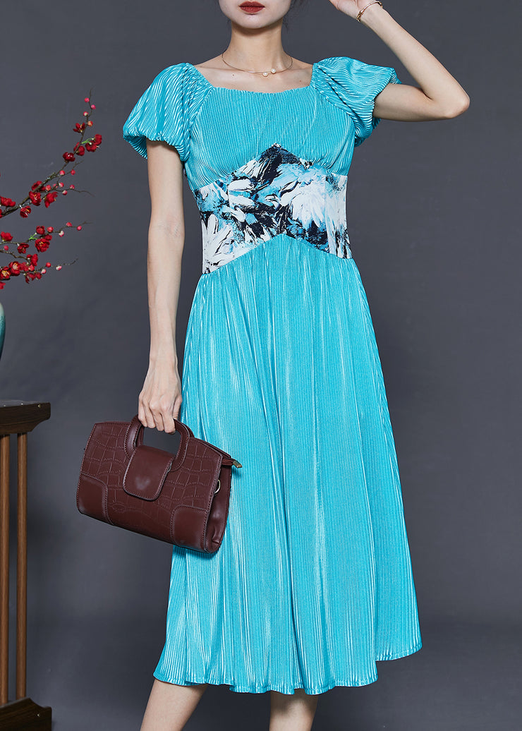 Modern Blue Silm Fit Patchwork Silk Dress Puff Sleeve