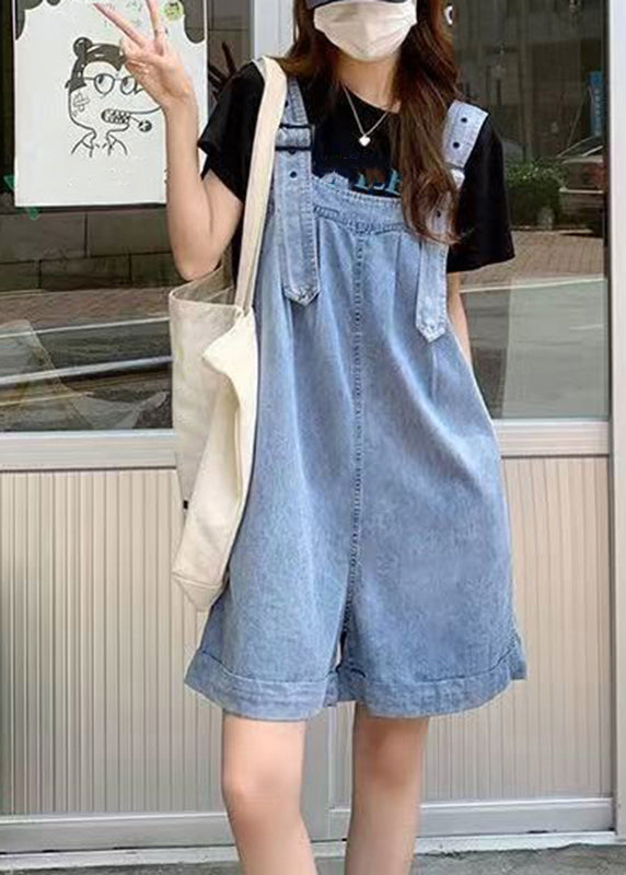 Modern Blue Slash Neck Pockets Patchwork Denim Jumpsuit Sleeveless