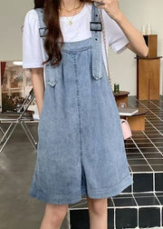 Modern Blue Slash Neck Pockets Patchwork Denim Jumpsuit Sleeveless