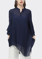 Modern Blue Stand Collar Asymmetrical Wrinkled Chiffon Shirt Tops Bracelet Sleeve