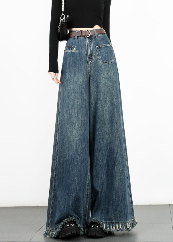 Modern Blue Tasseled High Waist Denim Wide Leg Pants Fall