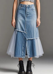 Modern Blue Tulle Patchwork Side Open Denim Skirt Spring