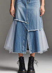 Modern Blue Tulle Patchwork Side Open Denim Skirt Spring