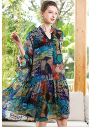 Modern Blue V Neck Patchwork Print Chiffon Party Dress Bracelet Sleeve