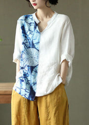 Modern Blue V Neck Patchwork Print Linen Pullover Top Spring