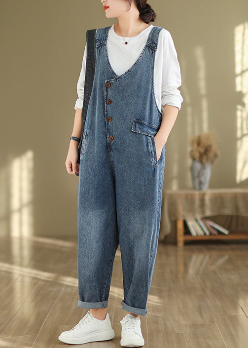 Modern Blue V Neck Pockets High Waist Denim Jumpsuit Fall