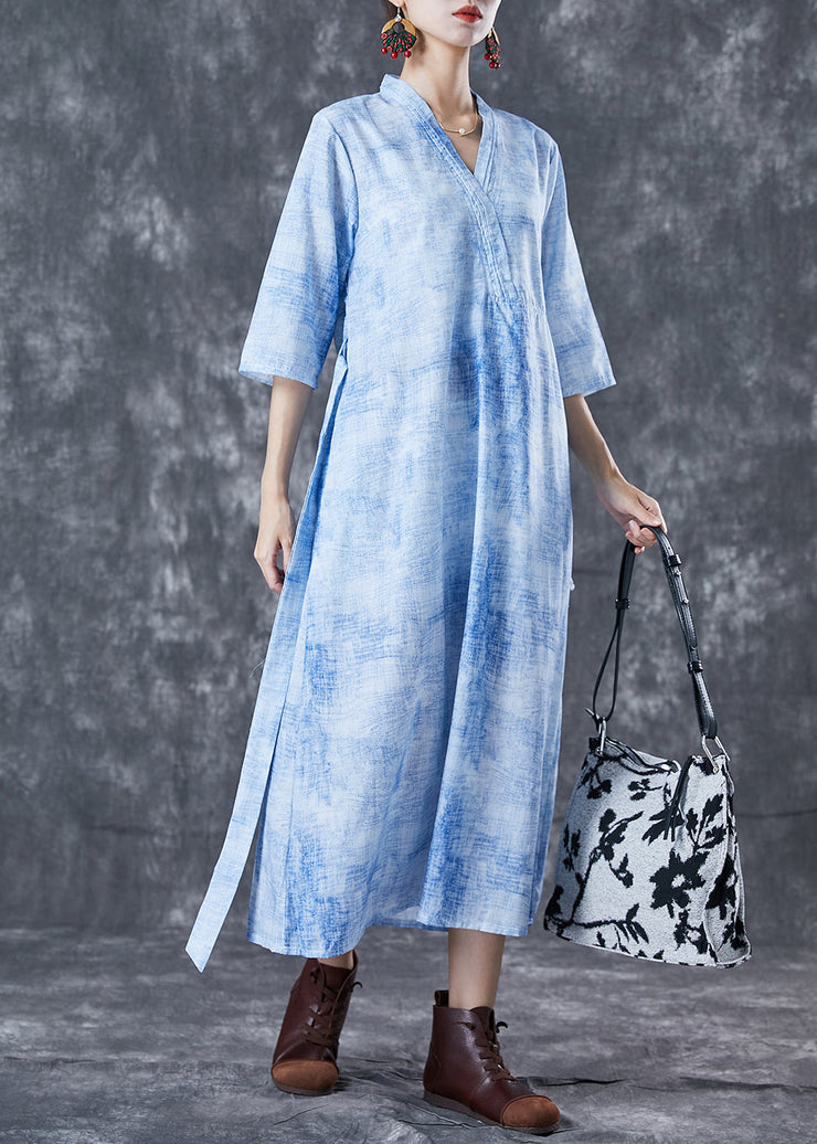 Modern Blue V Neck Tie Dye Linen Cinched Dress Half Sleeve