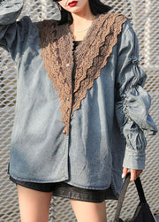 Modern Blue V Neck Wrinkled Lace Patchwork Denim Shirts Coat Spring