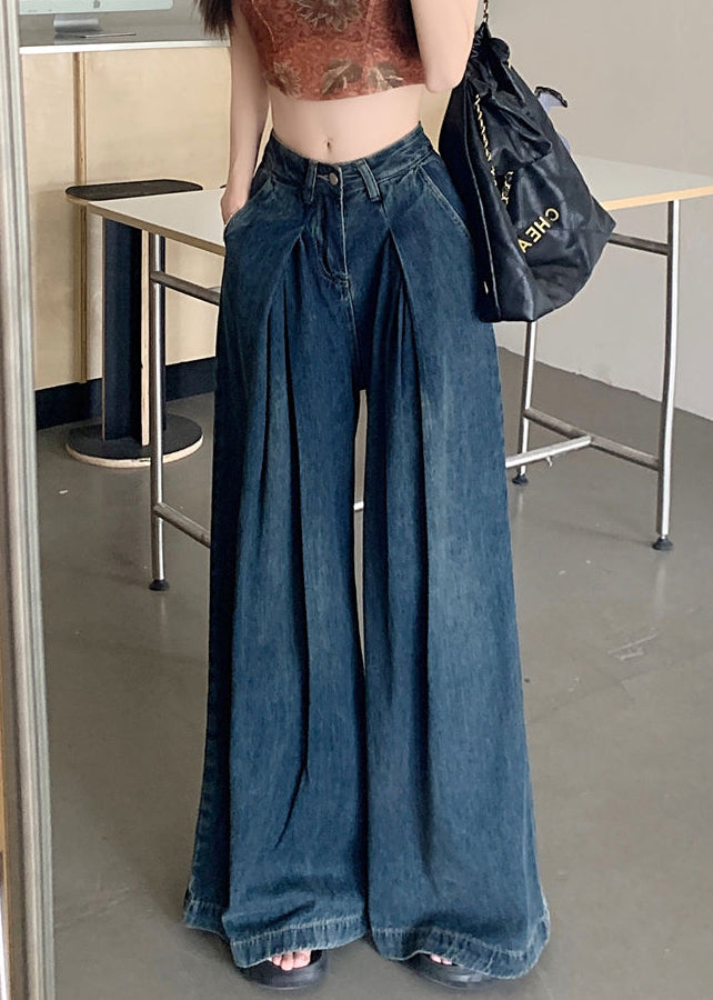 Modern Blue Wrinkled Pockets Denim Wide Leg Pants Summer