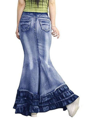 Modern Blue Wrinkled Pockets Patchwork Denim Skirt Summer