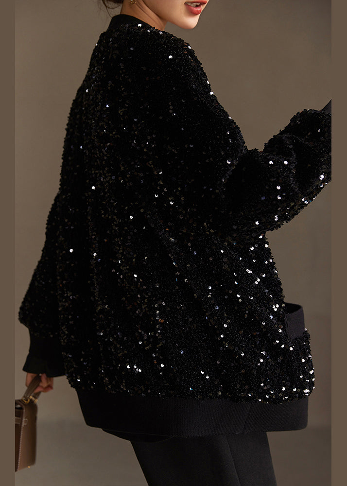 Modern Boutique Black V Neck Pockets Sequins Short Coat Spring