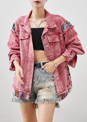 Modern Brick Red Oversized Patchwork Denim Jacket Fall