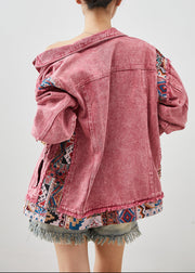 Modern Brick Red Oversized Patchwork Denim Jacket Fall