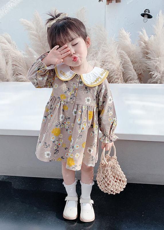 Modern Brown Embroideried Print Girls Vacation Long Dresses Long Sleeve