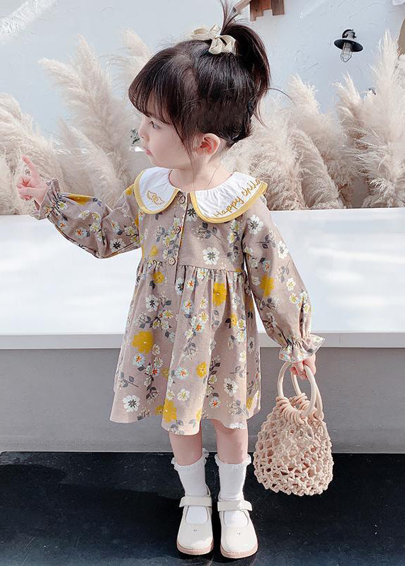 Modern Brown Embroideried Print Girls Vacation Long Dresses Long Sleeve