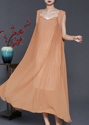 Modern Brown Exra Large Hem Cotton Pleated Dresses Sleeveless