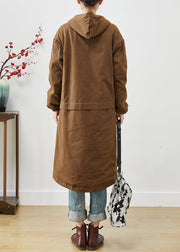 Modern Brown Hooded Pockets Cotton Trench Spring