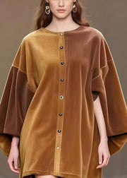 Modern Brown Oversized Corduroy Minin Dress Lantern Sleeve