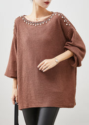 Modern Brown Oversized Nail Bead Knit Top Spring