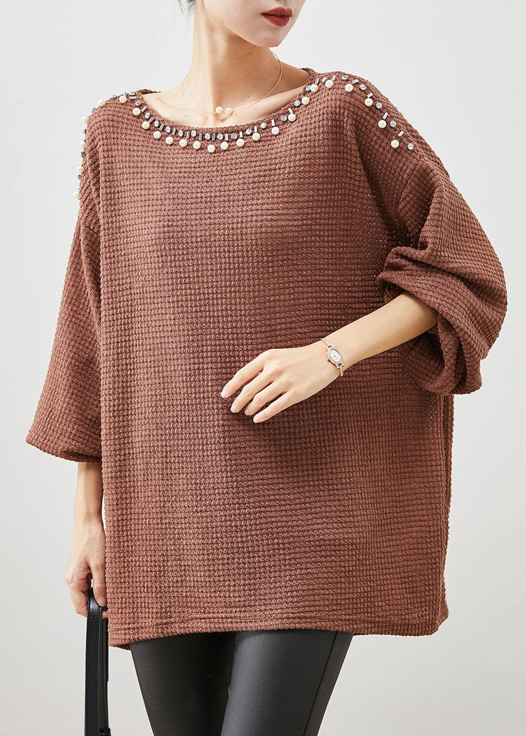 Modern Brown Oversized Nail Bead Knit Top Spring