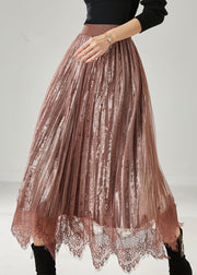 Modern Brown Patchwork Lace Silk Velvet Pleated Skirts Spring