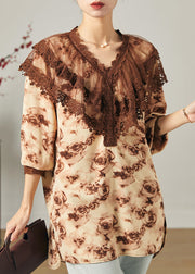 Modern Brown Peter Pan Collar Tie Dye Chiffon Shirts Spring